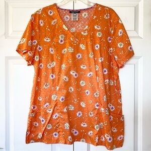 NWOT HeartSoul Scrub Top Orange & Floral Daisy Brand New 2X